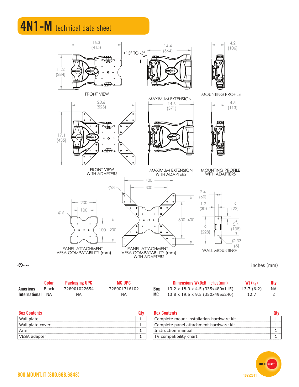 4n1-m, Technical data sheet | Omnimount 4N1-M Sales Sheet User Manual | Page 2 / 2
