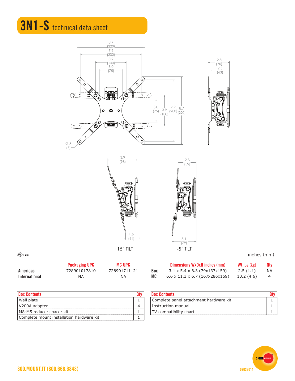 3n1-s, Technical data sheet | Omnimount 3N1-S Sales Sheet User Manual | Page 2 / 2