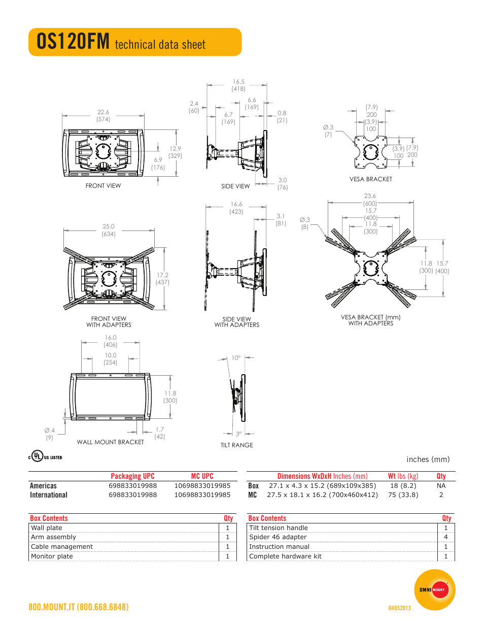 Os120fm, Technical data sheet | Omnimount OS120FM Sales Sheet User Manual | Page 2 / 2