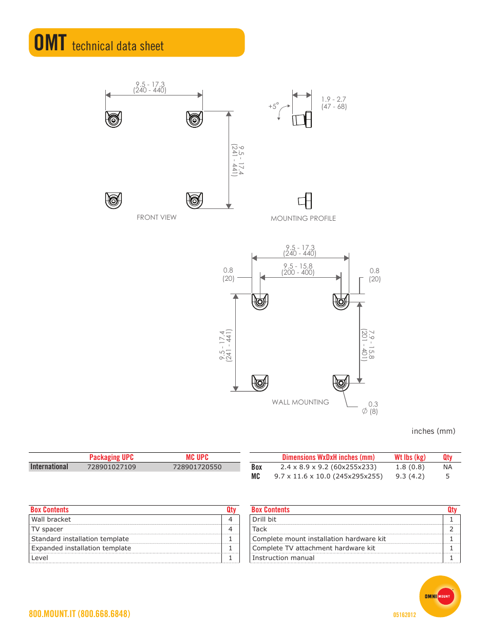 Technical data sheet | Omnimount OMT Sales Sheet User Manual | Page 2 / 2