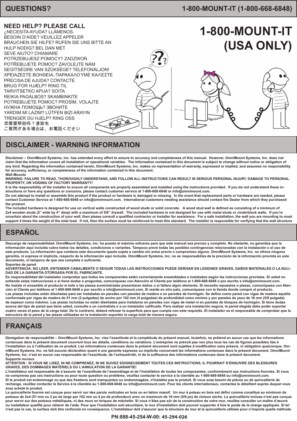 800-mount-it (usa only), Disclaimer - warning information, Español | Français, Need help? please call | Omnimount PLAY70 Manual ru User Manual | Page 2 / 24