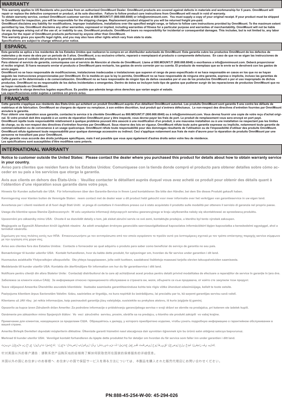 Español français, International warranty | Omnimount PLAY70 Manual ru User Manual | Page 23 / 24