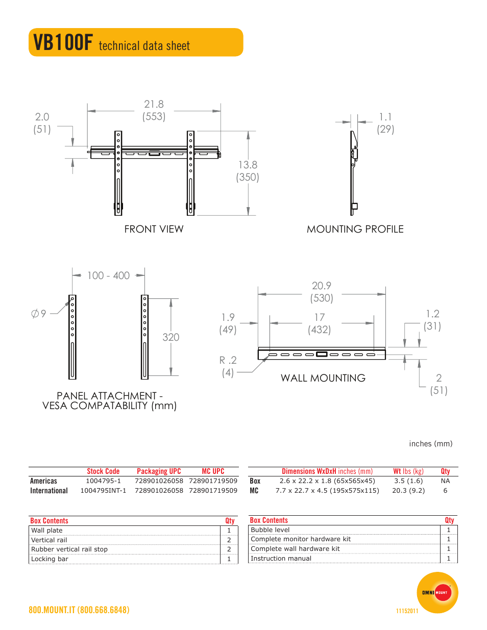 Vb100f, Technical data sheet | Omnimount VB100F Sales Sheet User Manual | Page 2 / 2