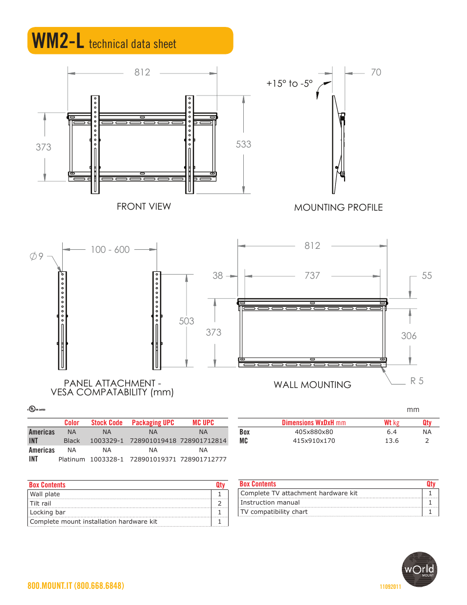 Wm2-l, Technical data sheet | Omnimount WM2-L Sales Sheet User Manual | Page 2 / 2