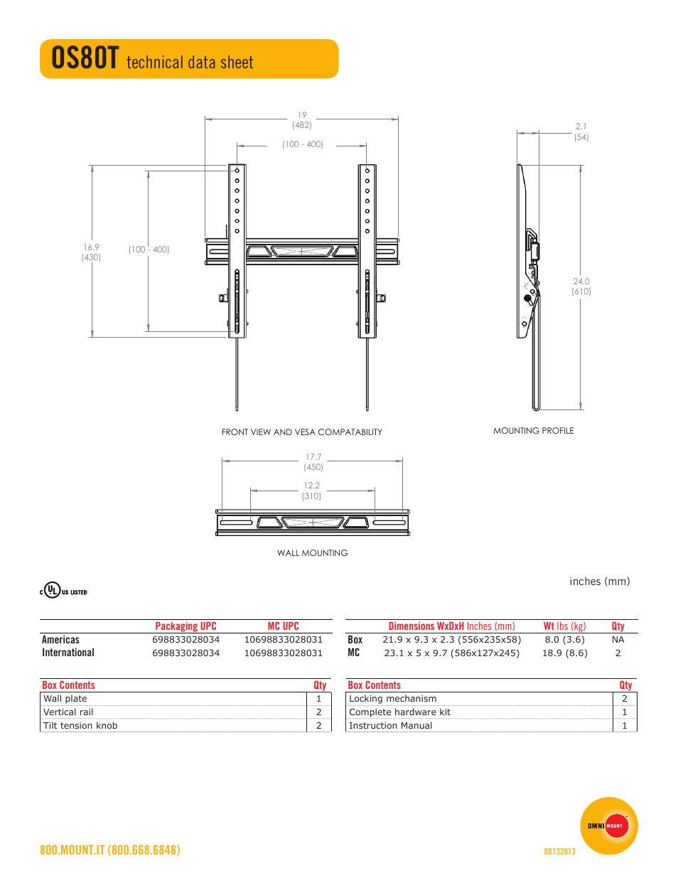 Os80t, Technical data sheet | Omnimount OS80T Sales Sheet User Manual | Page 2 / 2