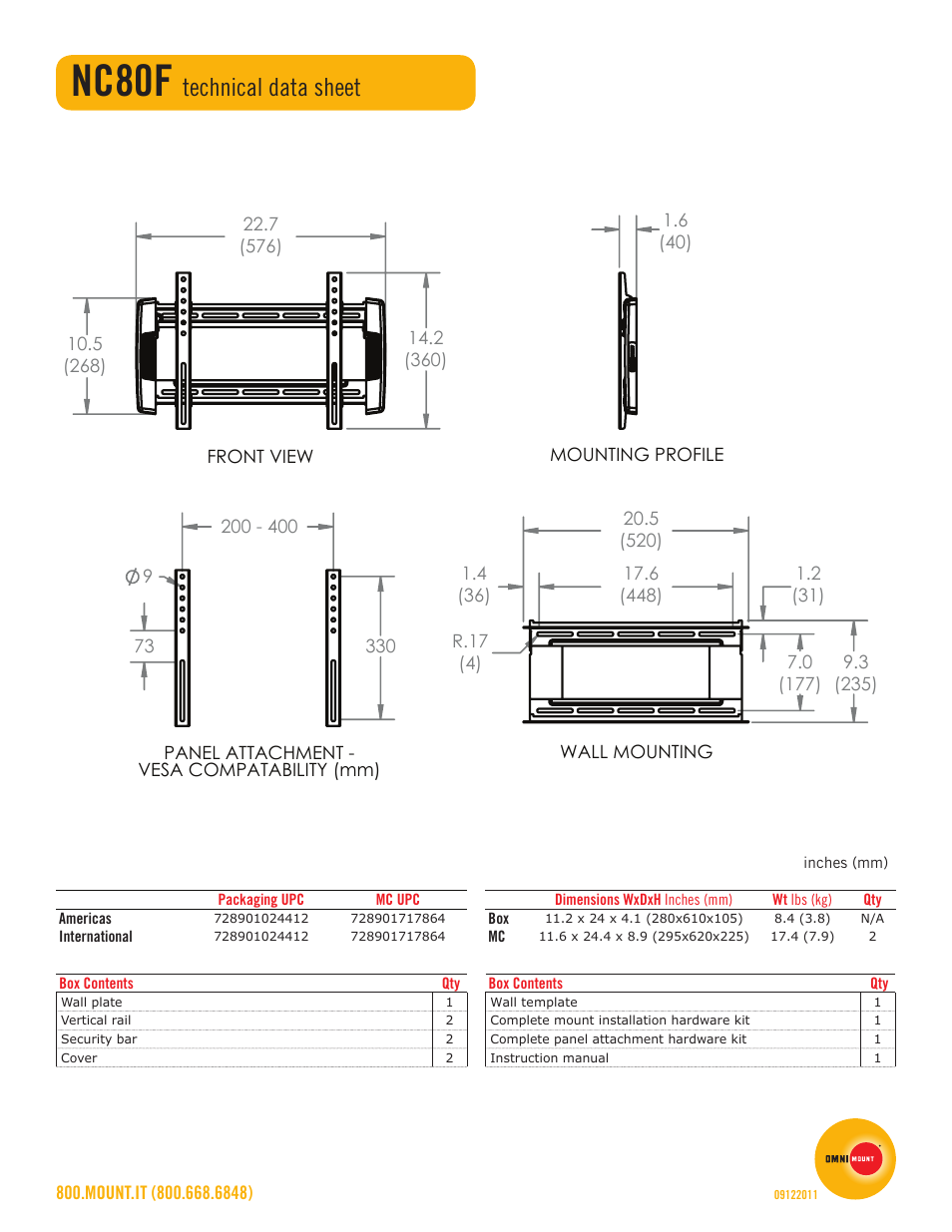 Nc80f, Technical data sheet | Omnimount NC80-F Sales Sheet User Manual | Page 2 / 2