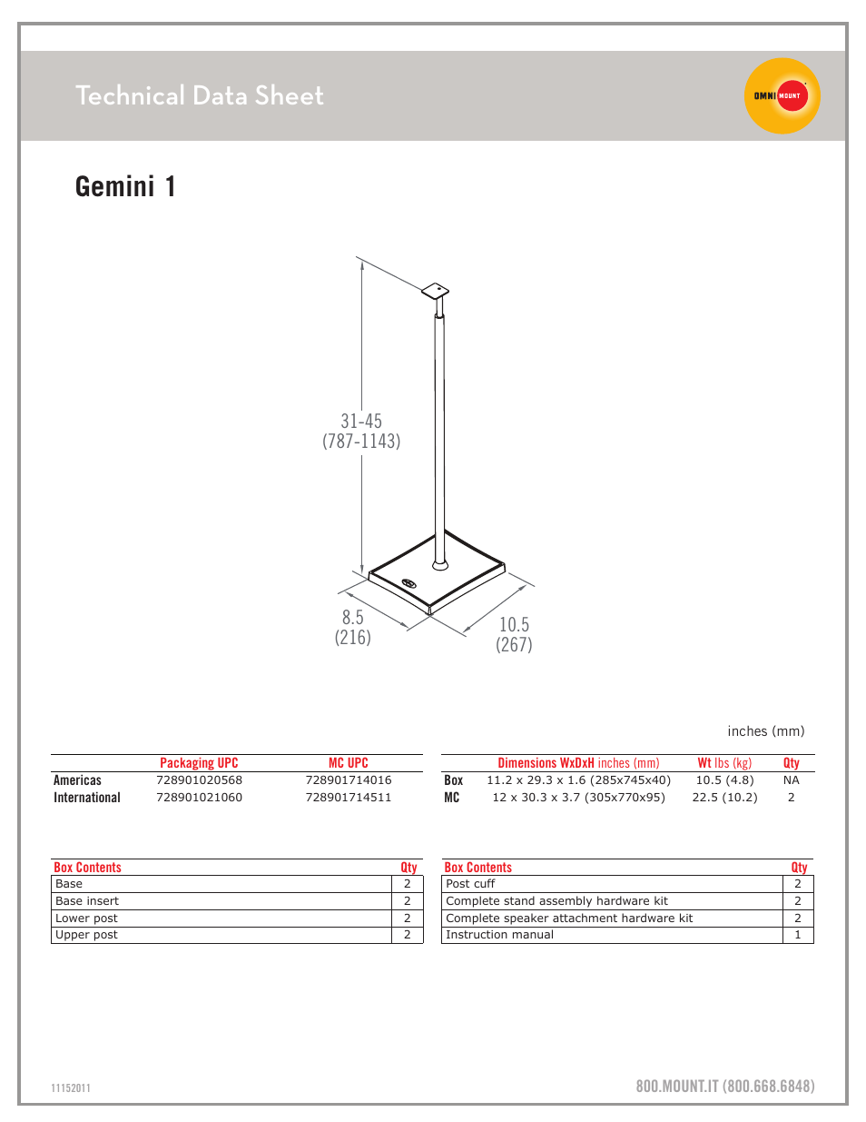 Technical data sheet, Gemini 1 | Omnimount Gemini 1 Sales Sheet User Manual | Page 2 / 2
