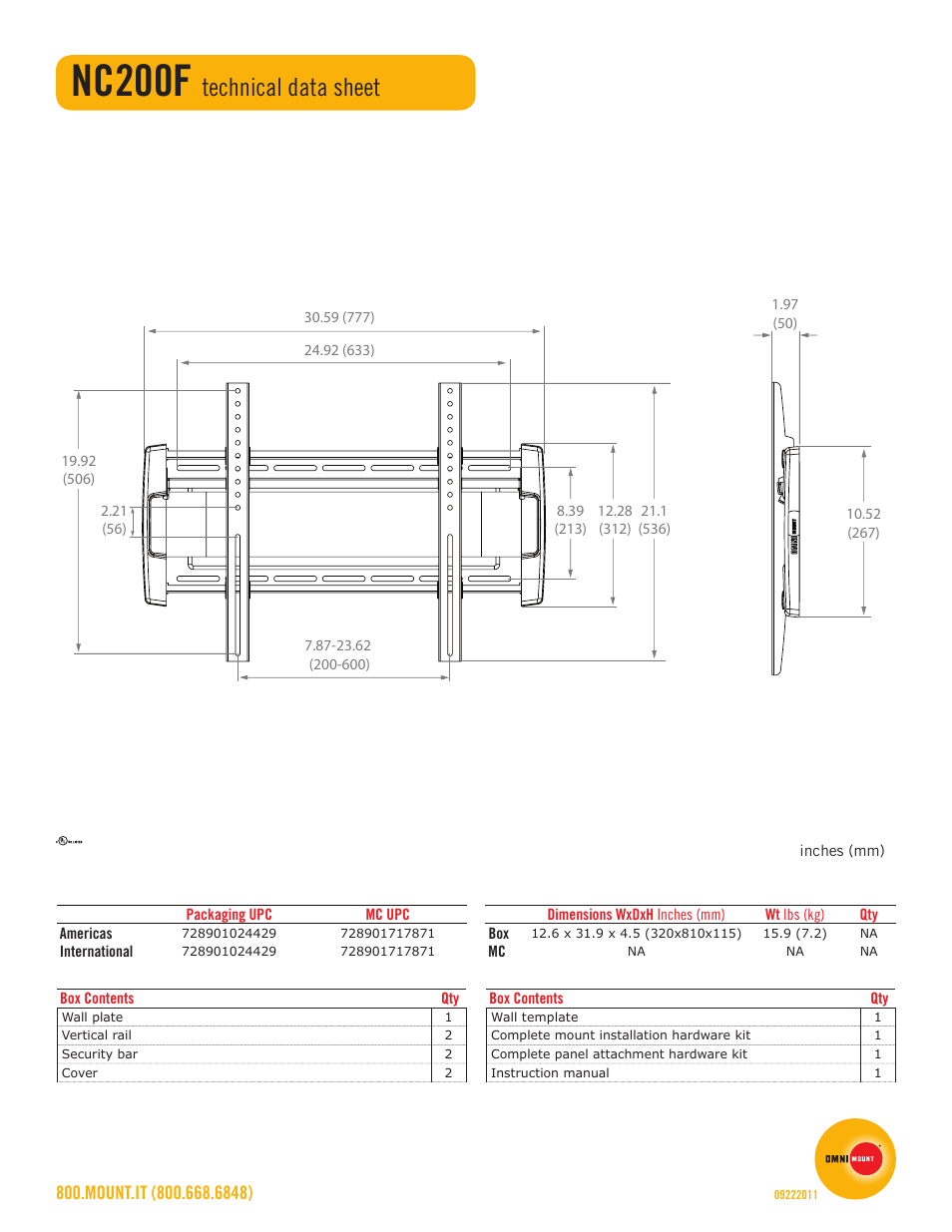 Nc200f, Technical data sheet | Omnimount NC200F Sales Sheet User Manual | Page 2 / 2