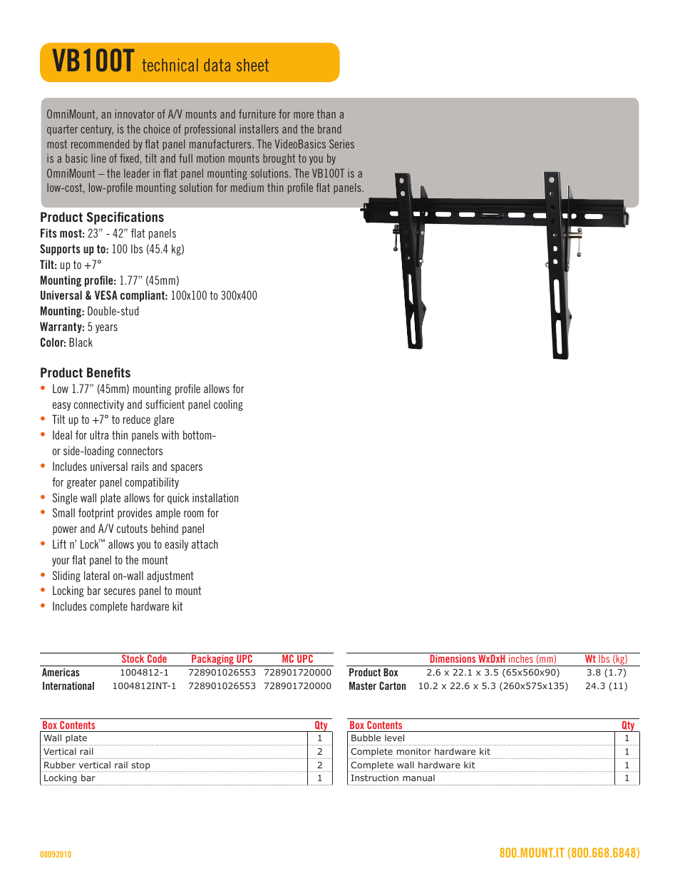 Vb100t, Technical data sheet | Omnimount VB100T Sales Sheet User Manual | Page 2 / 3