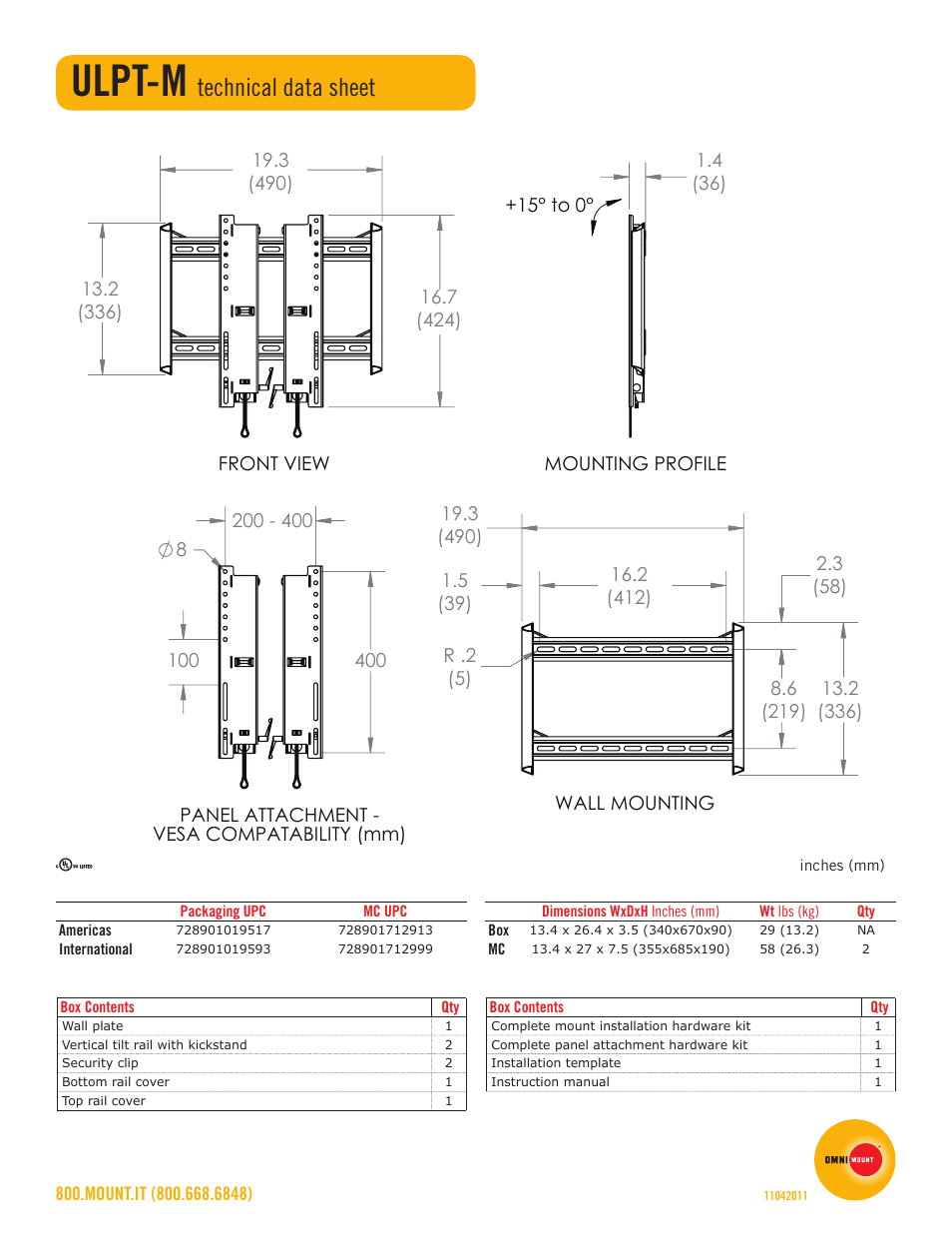 Ulpt-m, Technical data sheet | Omnimount ULPT-M Sales Sheet User Manual | Page 2 / 2