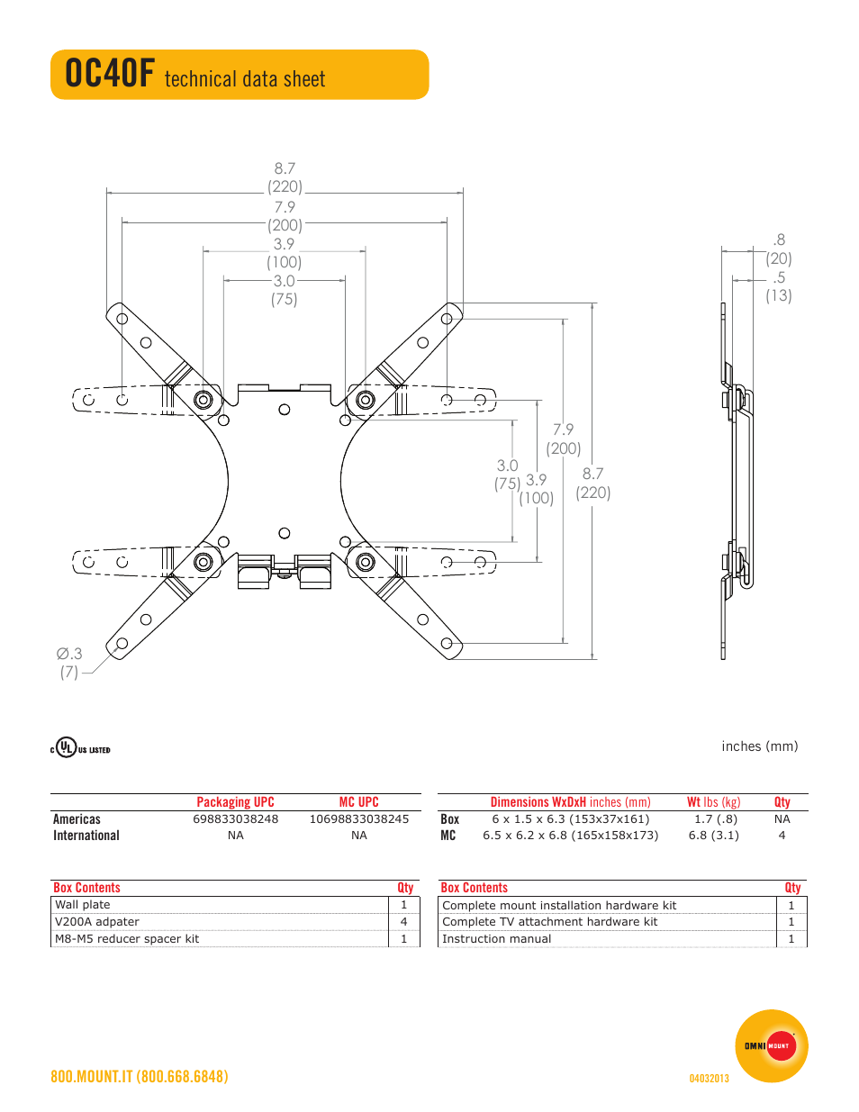 Oc40f, Technical data sheet | Omnimount OC40F Sales Sheet User Manual | Page 2 / 2