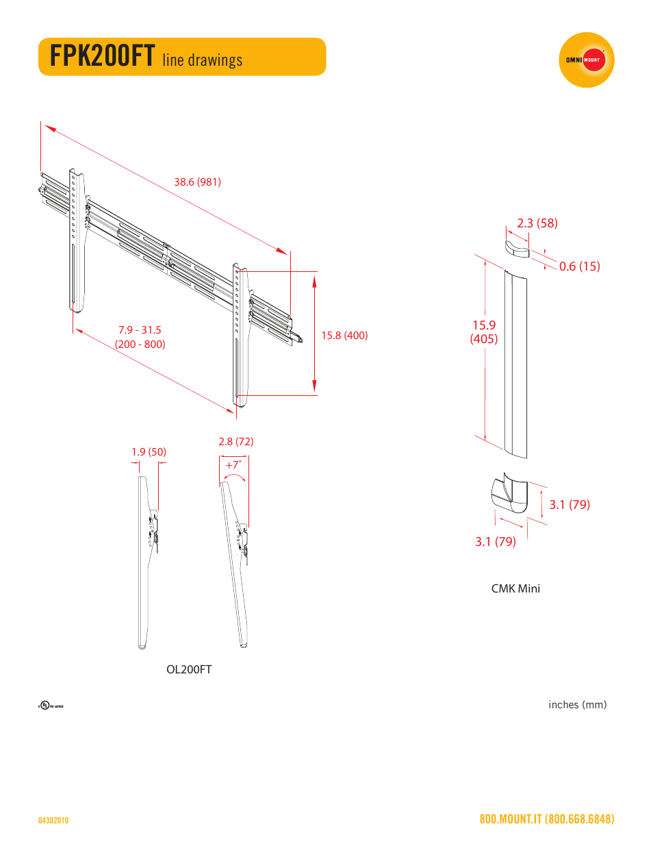 Fpk200ft_line_drawing_sheet, Fpk200ft, Line drawings | Omnimount FPK200FT Sales Sheet User Manual | Page 3 / 3