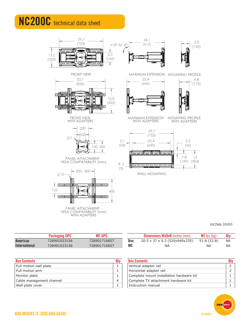 Nc200c, Technical data sheet | Omnimount NC200C Sales Sheet User Manual | Page 2 / 2
