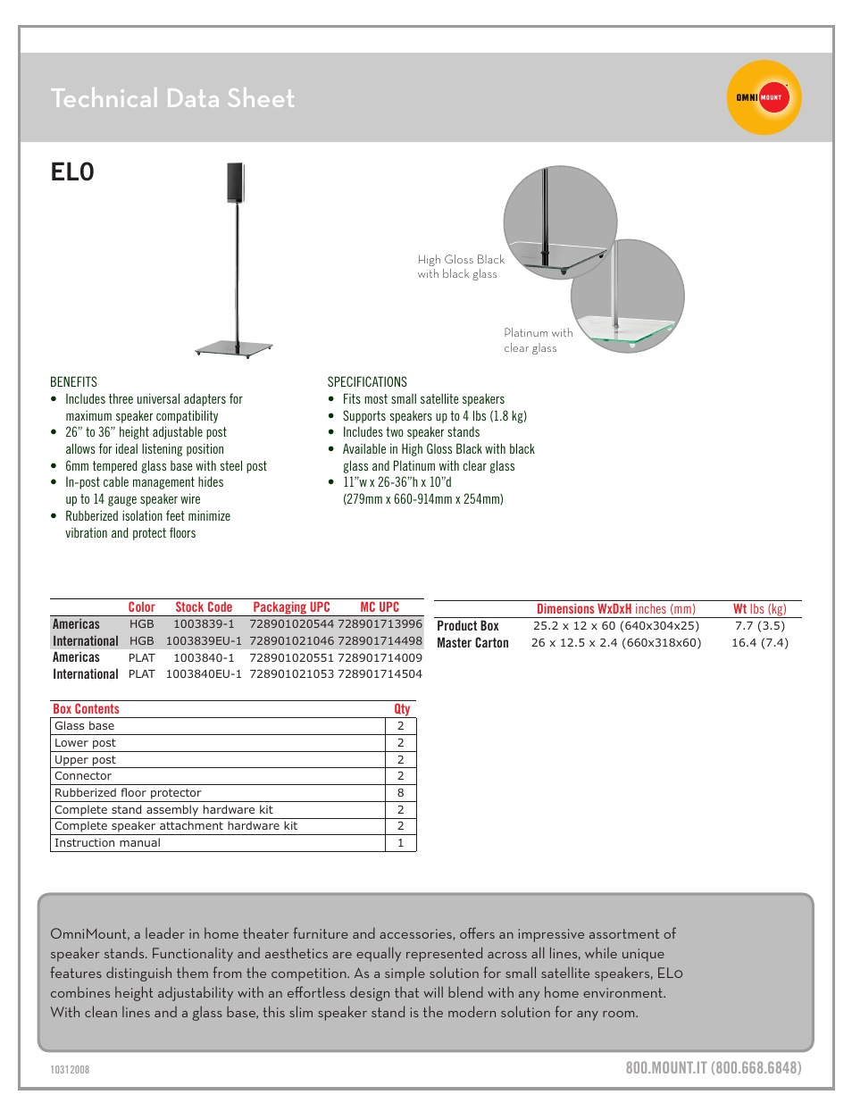 El0_technical_data_sheet.pdf, Technical data sheet | Omnimount EL0 Sales Sheet User Manual | Page 2 / 3