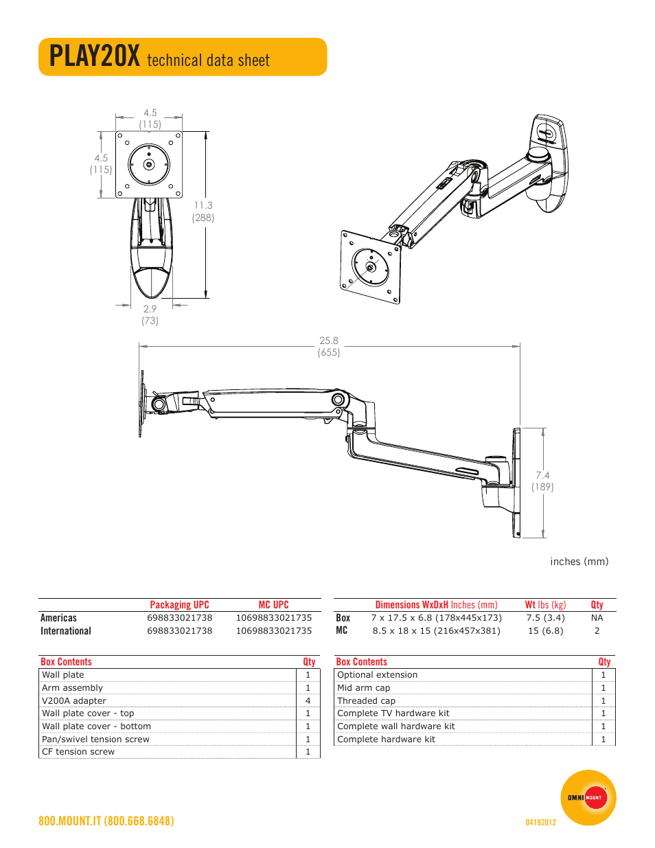 Play20x, Technical data sheet | Omnimount PLAY20X Sales Sheet User Manual | Page 2 / 2