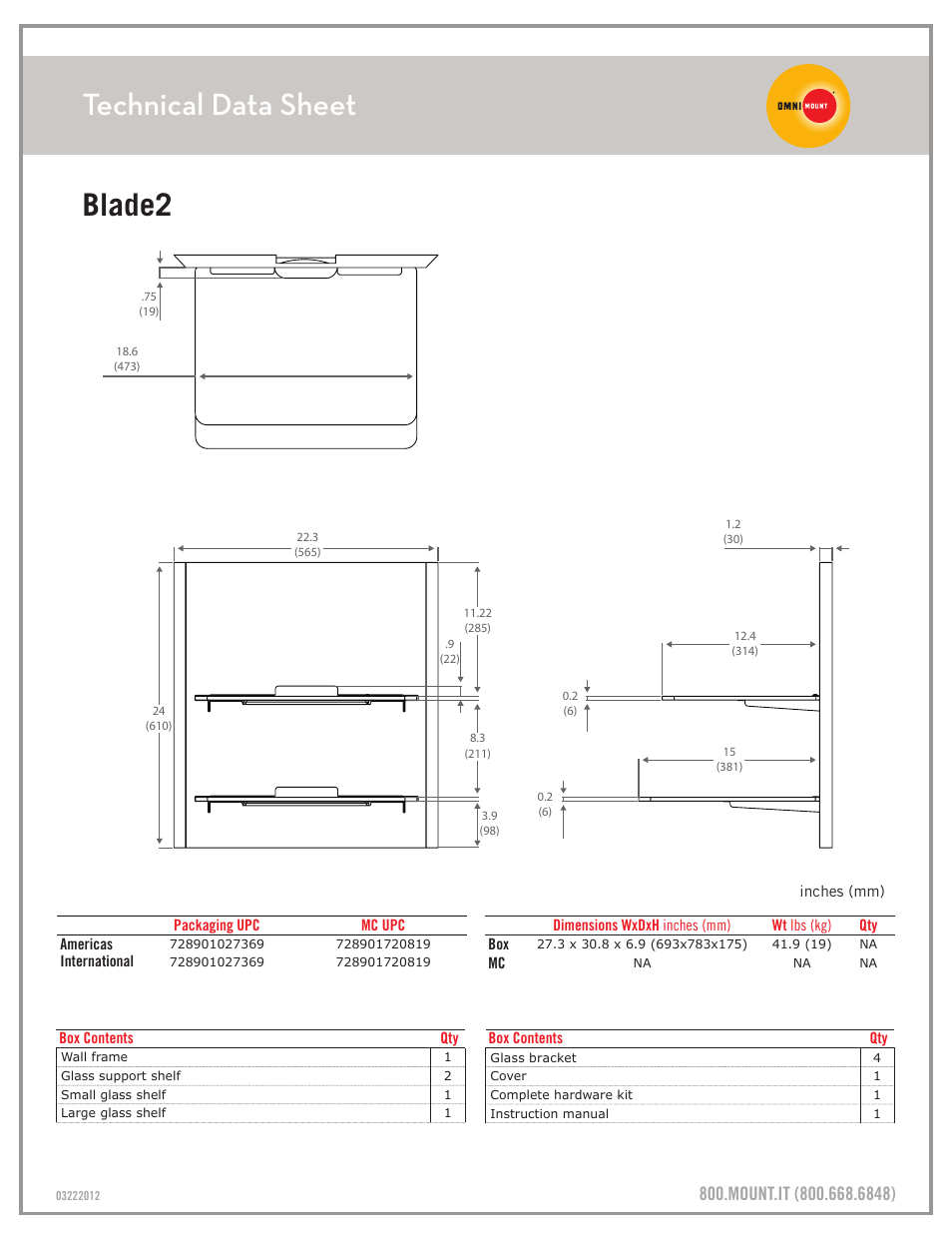 Technical data sheet, Blade2 | Omnimount BLADE2 Sales Sheet User Manual | Page 2 / 2