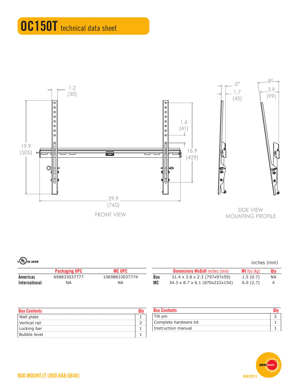 Oc150t, Technical data sheet | Omnimount OC150T Sales Sheet User Manual | Page 2 / 2