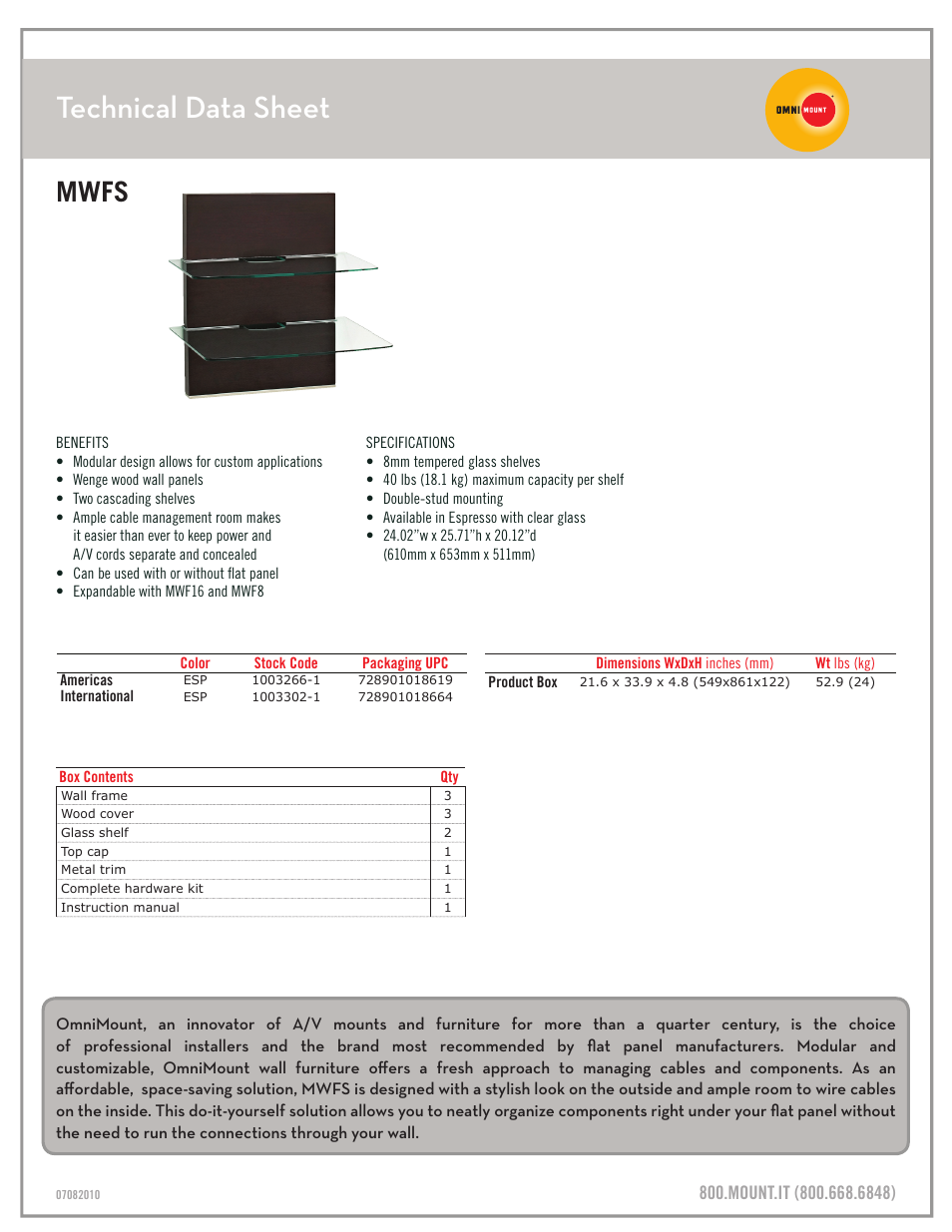 Technical data sheet, Mwfs | Omnimount MWFS Sales Sheet User Manual | Page 2 / 3