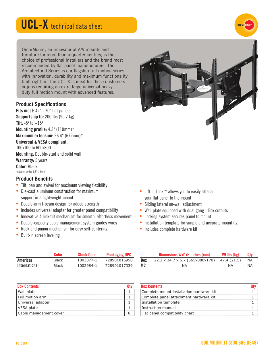 Ucl-x, Technical data sheet | Omnimount UCL-X Sales Sheet User Manual | Page 2 / 3