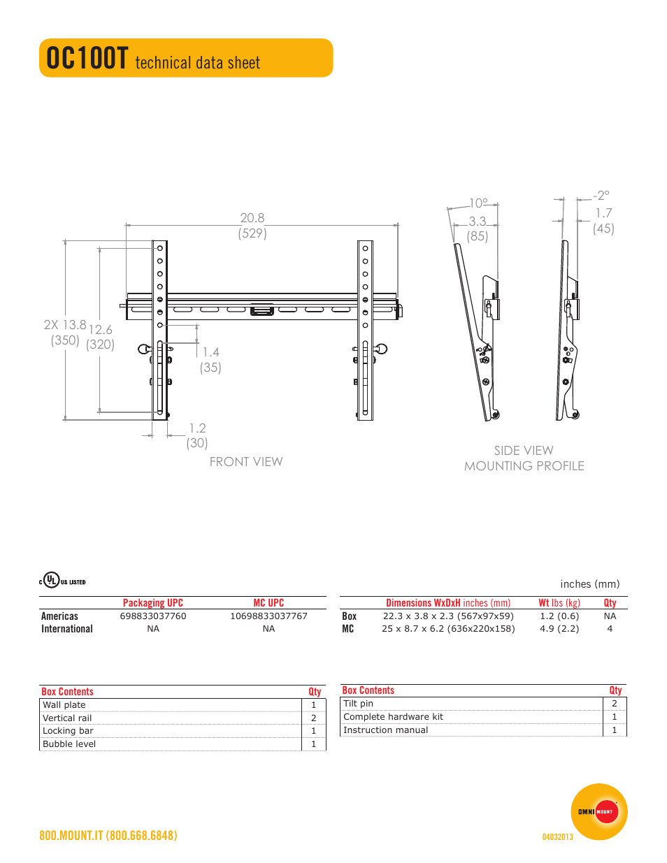 Oc100t, Technical data sheet | Omnimount OC100T Sales Sheet User Manual | Page 2 / 2