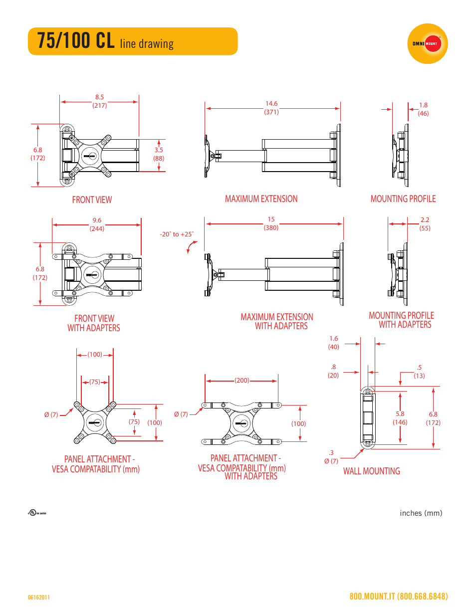 Line drawing | Omnimount 75_100 CL Sales Sheet User Manual | Page 3 / 3