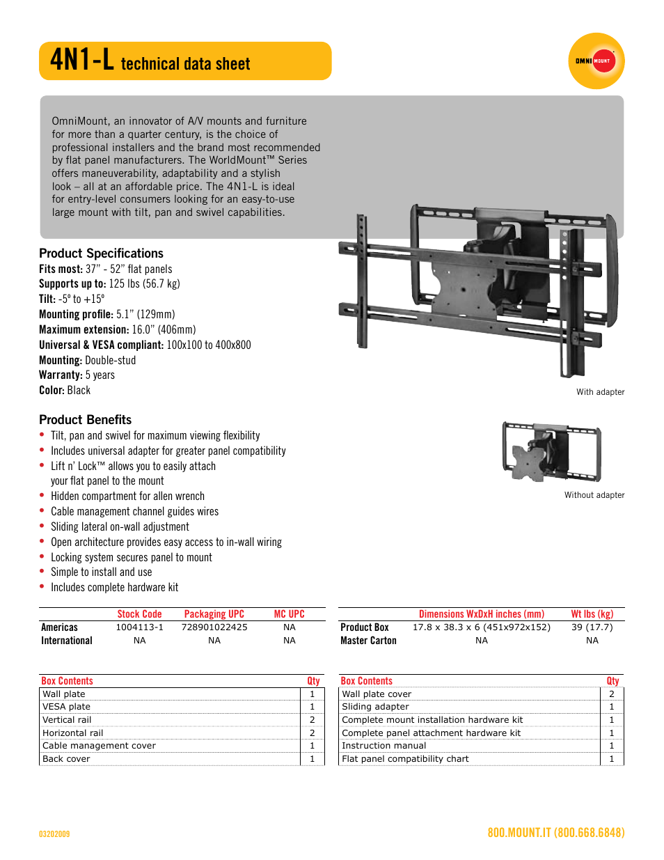 4n1-l_technical_data_sheet.pdf, 4n1-l, Technical data sheet | Omnimount 4N1-L Sales Sheet User Manual | Page 2 / 3