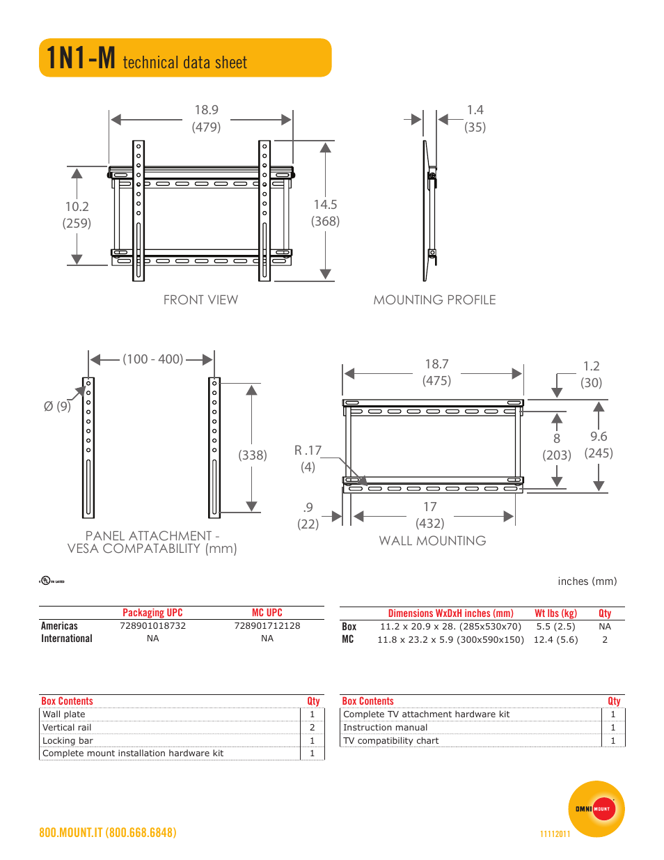 1n1-m, Technical data sheet | Omnimount 1N1-M Sales Sheet User Manual | Page 2 / 2