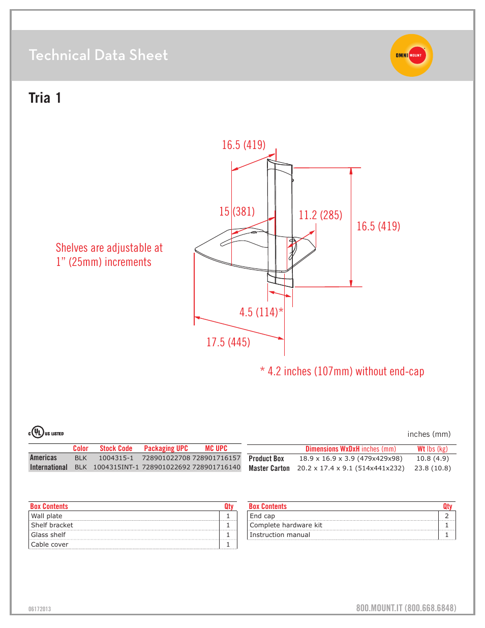 Technical data sheet, Tria 1 | Omnimount Tria 1 Sales Sheet User Manual | Page 2 / 2