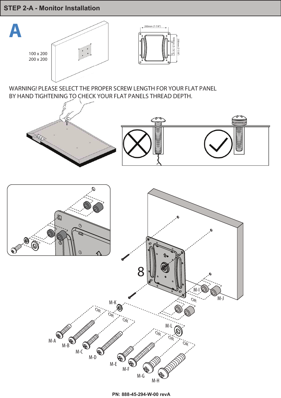 Vesa mounting options (mm), Step 2-a - monitor installation, M-a m-b m-c m-d m-e m-f m-g m-h m-k m-l m-i m-j | Bc d | Omnimount PLAY70DS Manual ru User Manual | Page 11 / 28