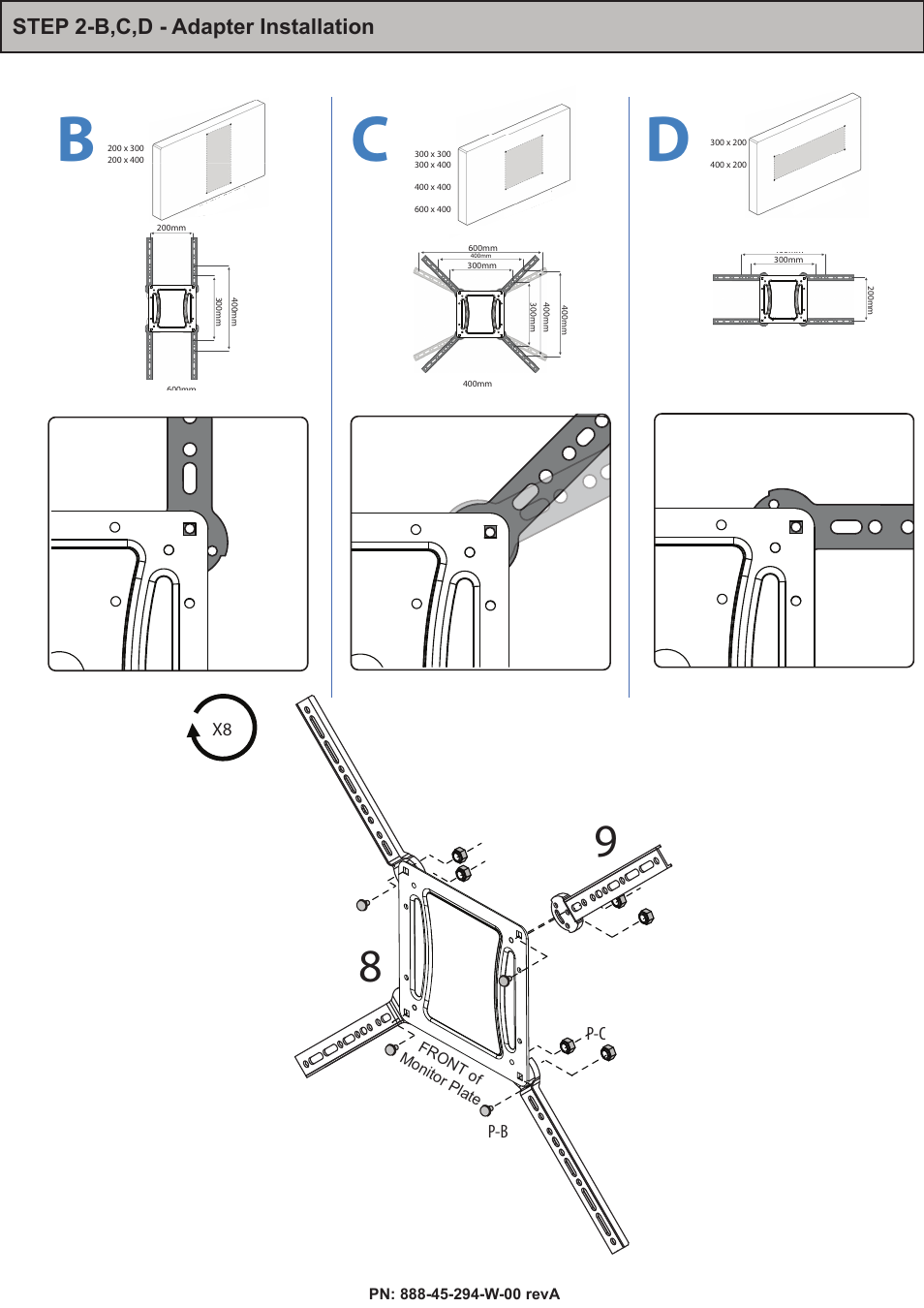 Step 2-b,c,d - adapter installation, Tv mounting options b-d, X8 p-b p-c | Bc d, Front of monitor plate, Vesa mounting options (mm) | Omnimount PLAY70DS Manual ru User Manual | Page 12 / 28