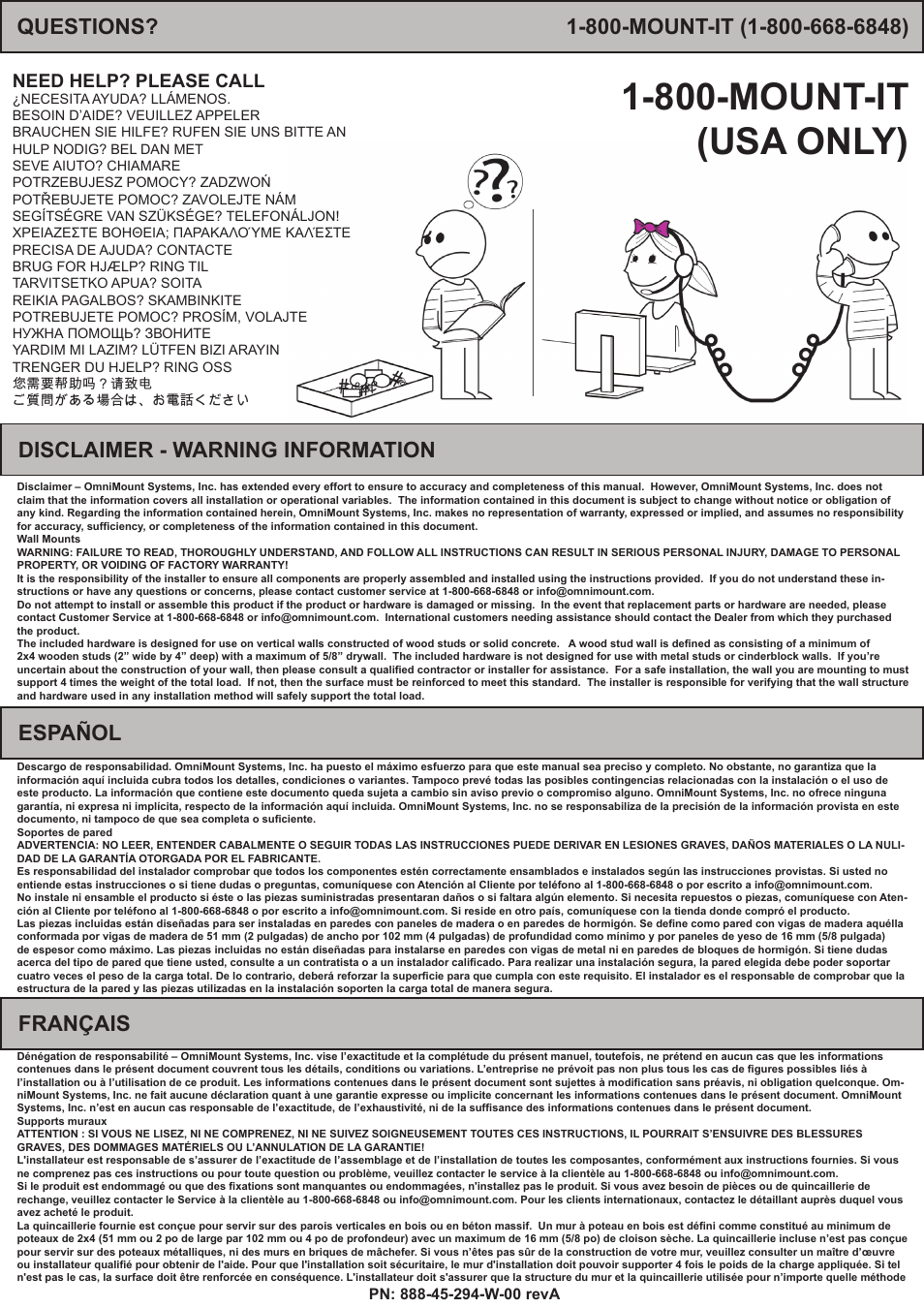 800-mount-it (usa only), Disclaimer - warning information español, Français | Need help? please call | Omnimount PLAY70DS Manual ru User Manual | Page 2 / 28