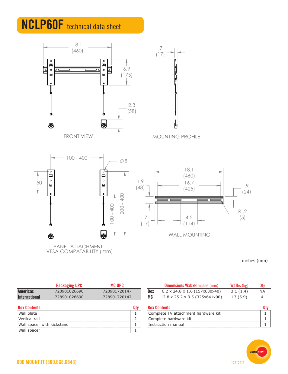Nclp60f, Technical data sheet | Omnimount NCLP60F Sales Sheet User Manual | Page 2 / 2