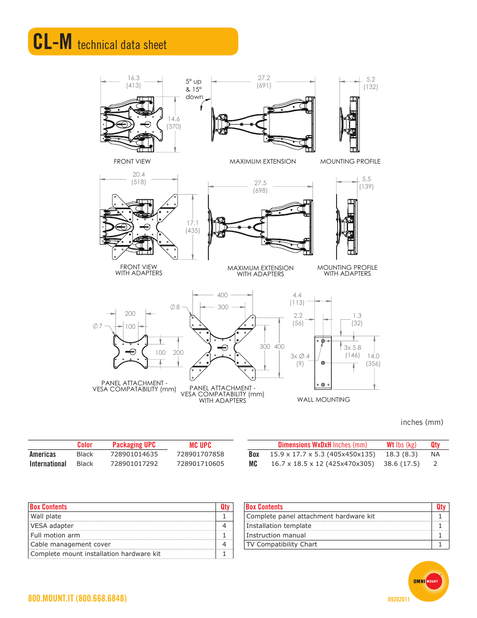 Cl-m, Technical data sheet | Omnimount CL-M Sales Sheet User Manual | Page 2 / 2