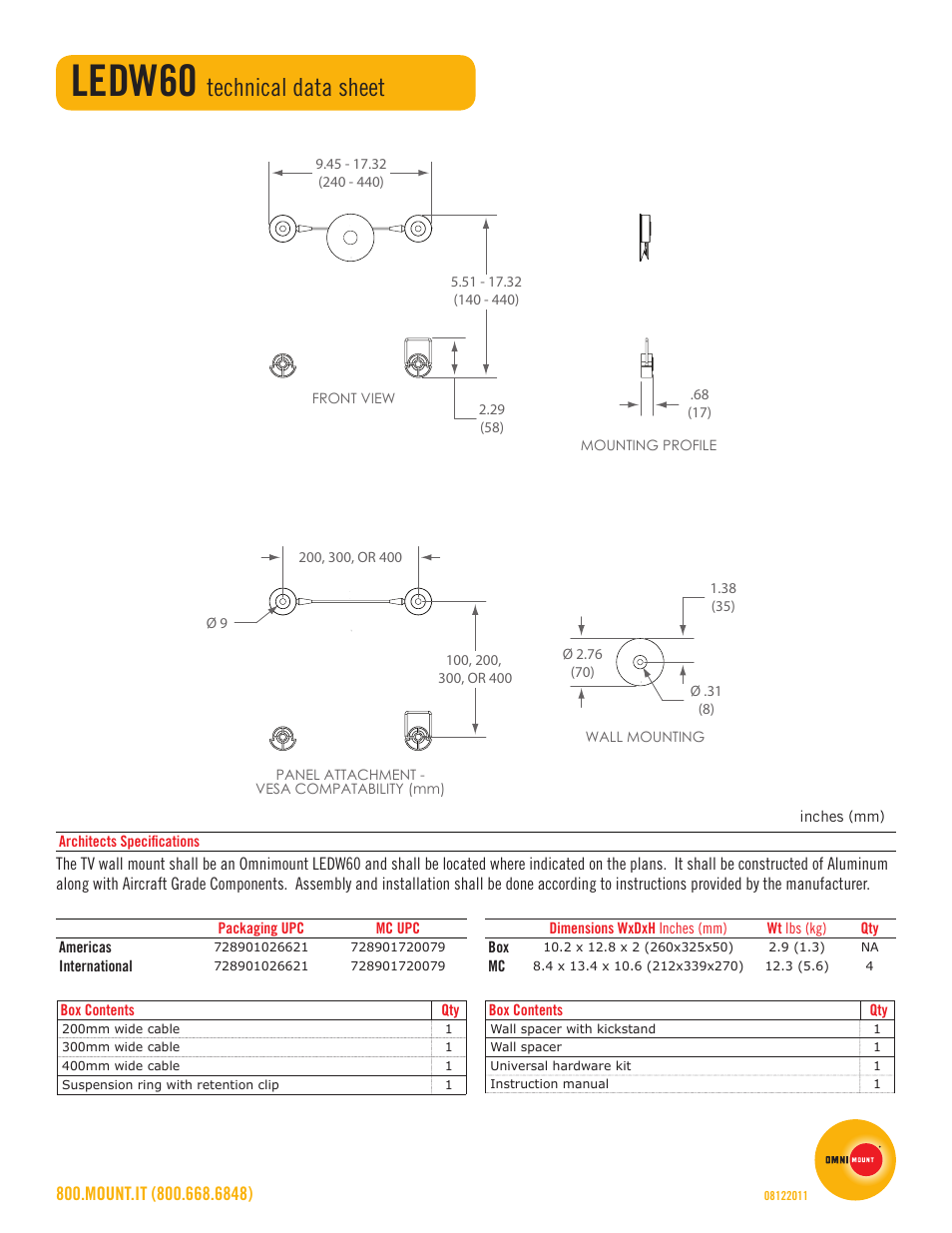 Ledw60, Technical data sheet | Omnimount LEDW60 Sales Sheet User Manual | Page 2 / 2