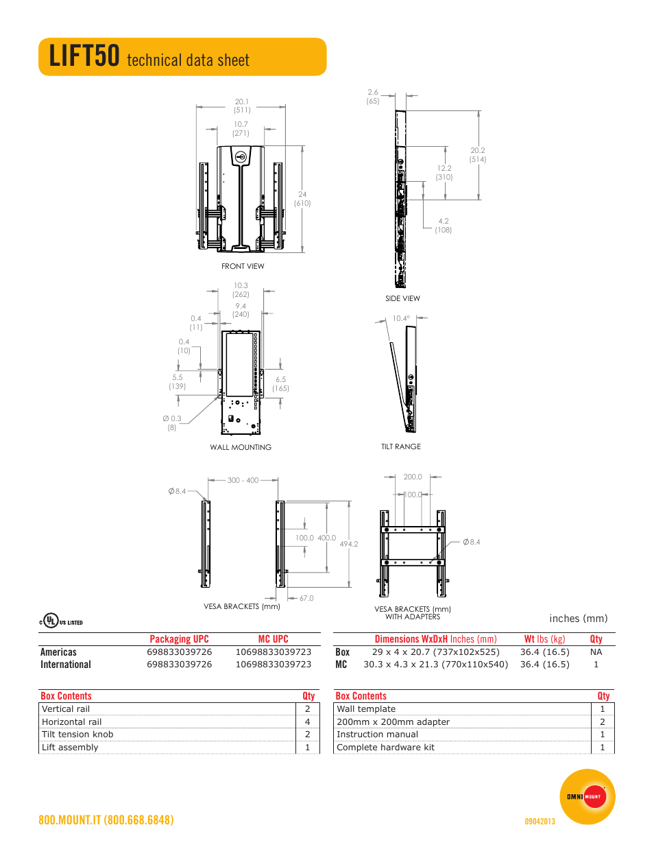 Lift50, Technical data sheet | Omnimount LIFT50 Sales Sheet User Manual | Page 2 / 2