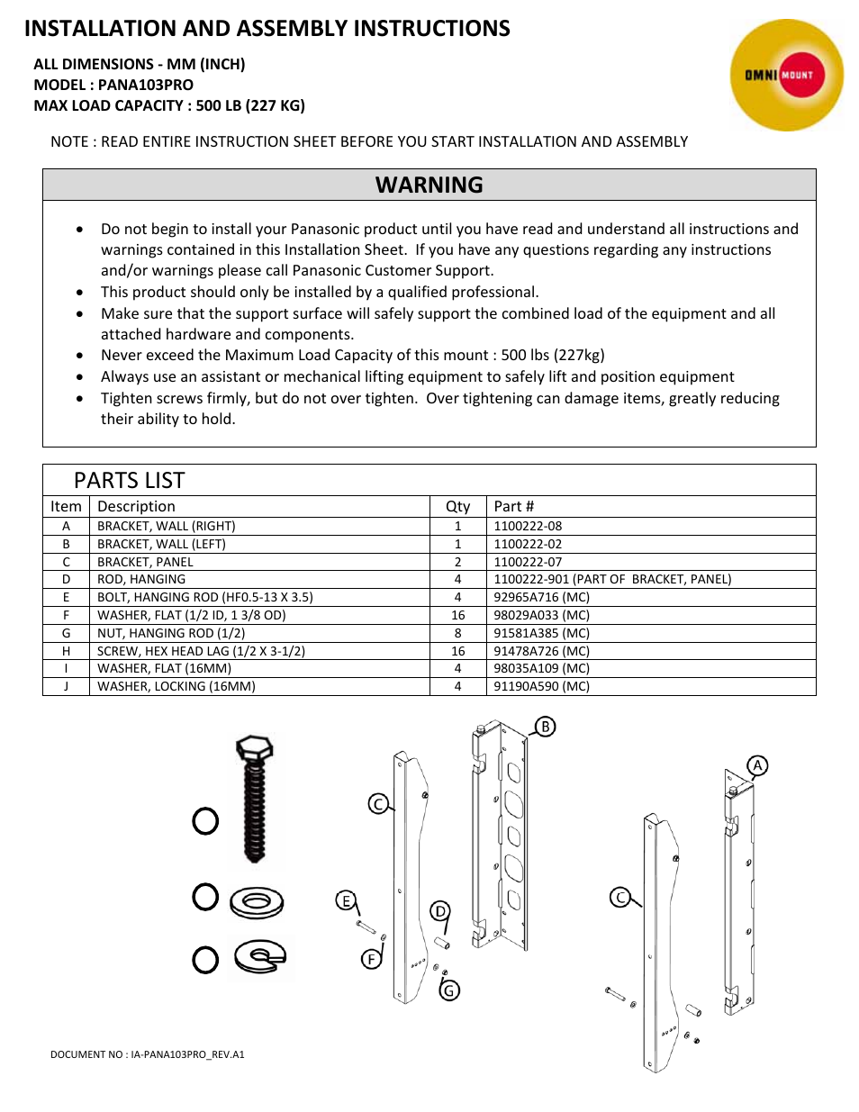 Installation and assembly instructions, Warning, Parts list | Omnimount PAN103PRO Manual User Manual | Page 2 / 6