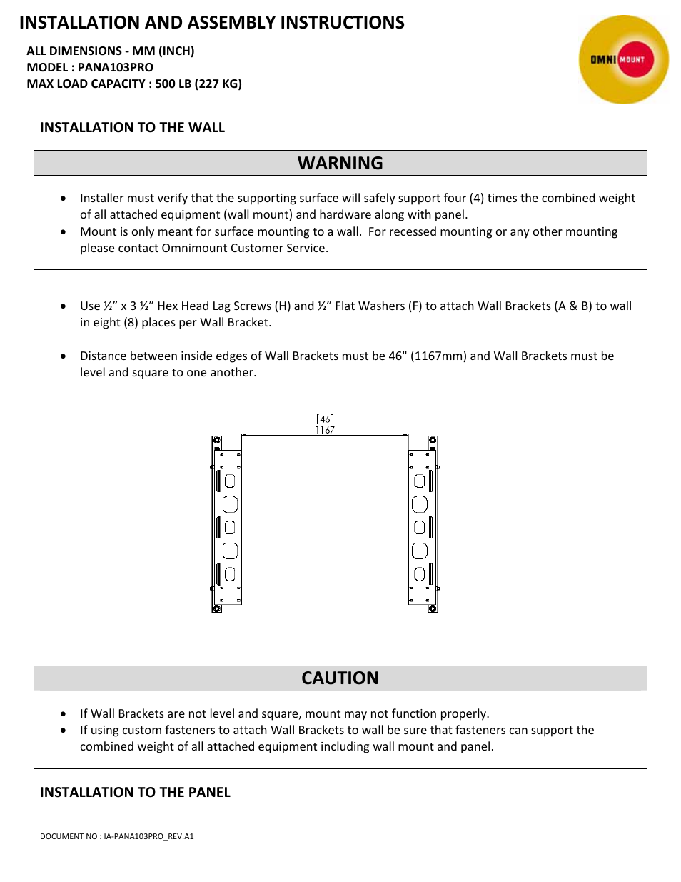 Installation and assembly instructions, Warning, Caution | Omnimount PAN103PRO Manual User Manual | Page 3 / 6