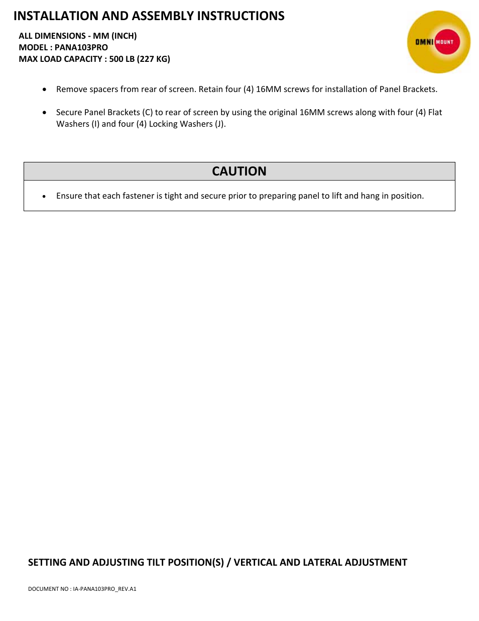 Installation and assembly instructions, Caution | Omnimount PAN103PRO Manual User Manual | Page 4 / 6