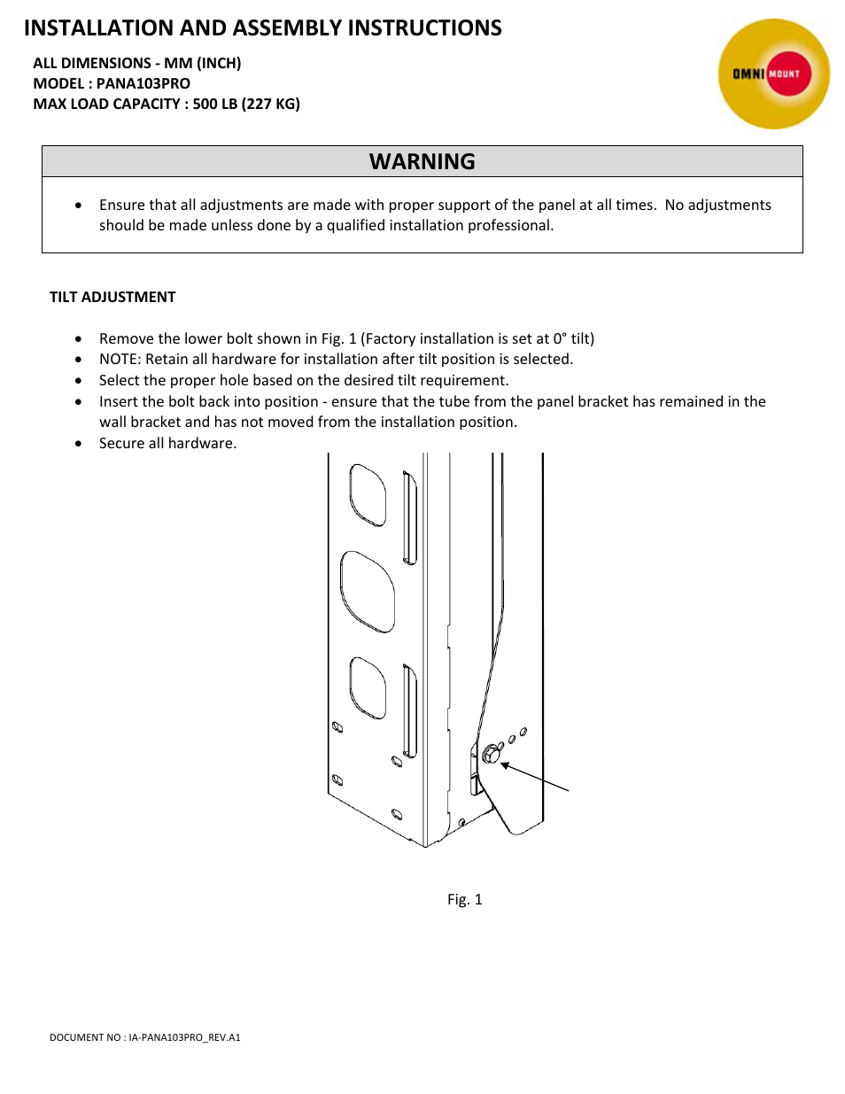 Installation and assembly instructions, Warning | Omnimount PAN103PRO Manual User Manual | Page 5 / 6