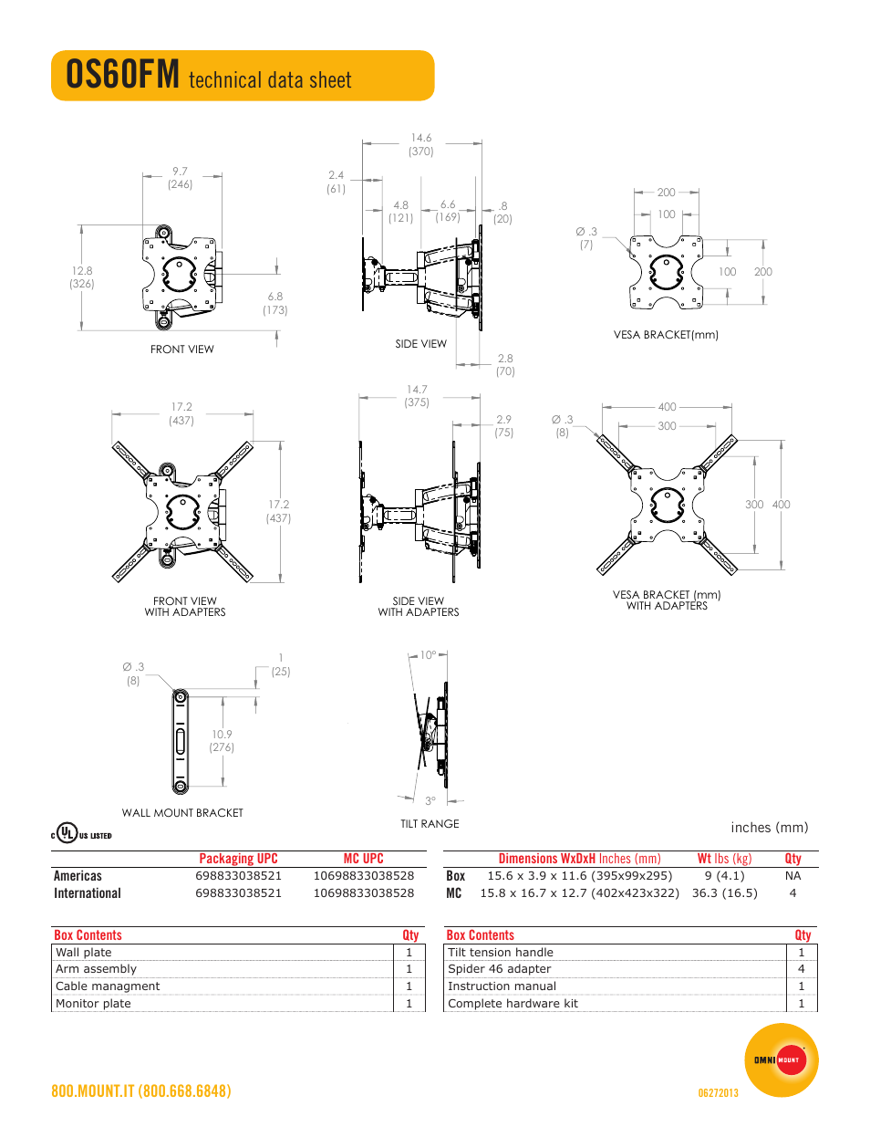 Os60fm, Technical data sheet | Omnimount OS60FM Sales Sheet User Manual | Page 2 / 2