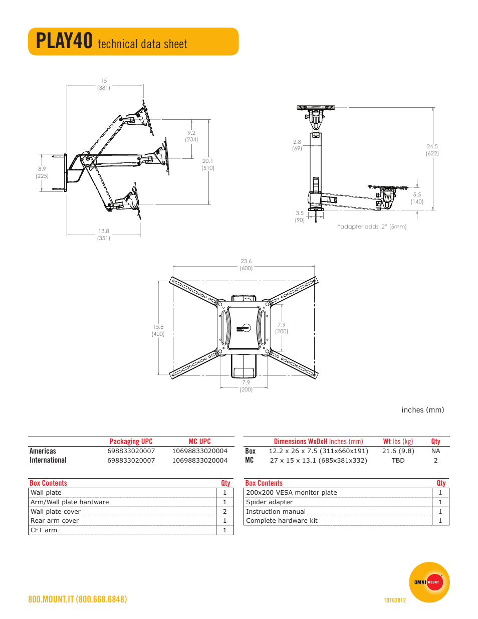 Play40, Vesa, Technical data sheet | Omnimount PLAY40 Sales Sheet User Manual | Page 2 / 2