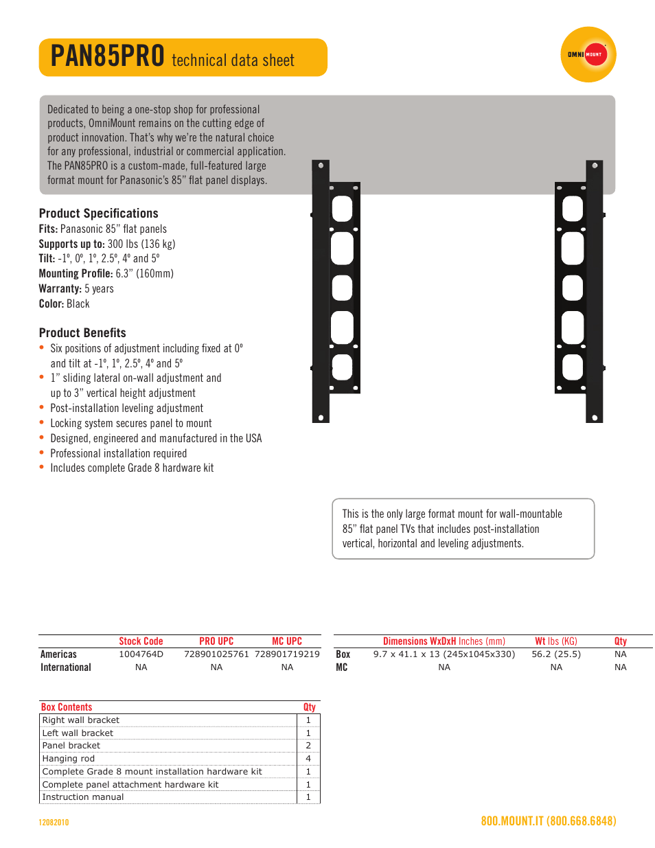 Omnimount PAN85PRO Sales Sheet User Manual | 2 pages