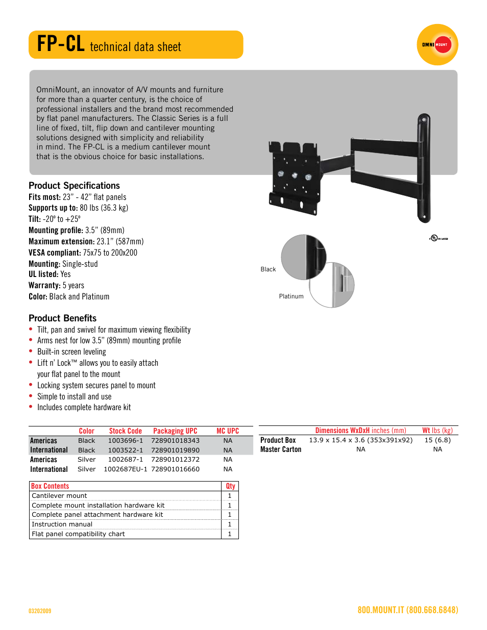 Fp-cl_technical_data_sheet.pdf, Fp-cl, Technical data sheet | Omnimount FP-CL Sales Sheet User Manual | Page 2 / 3