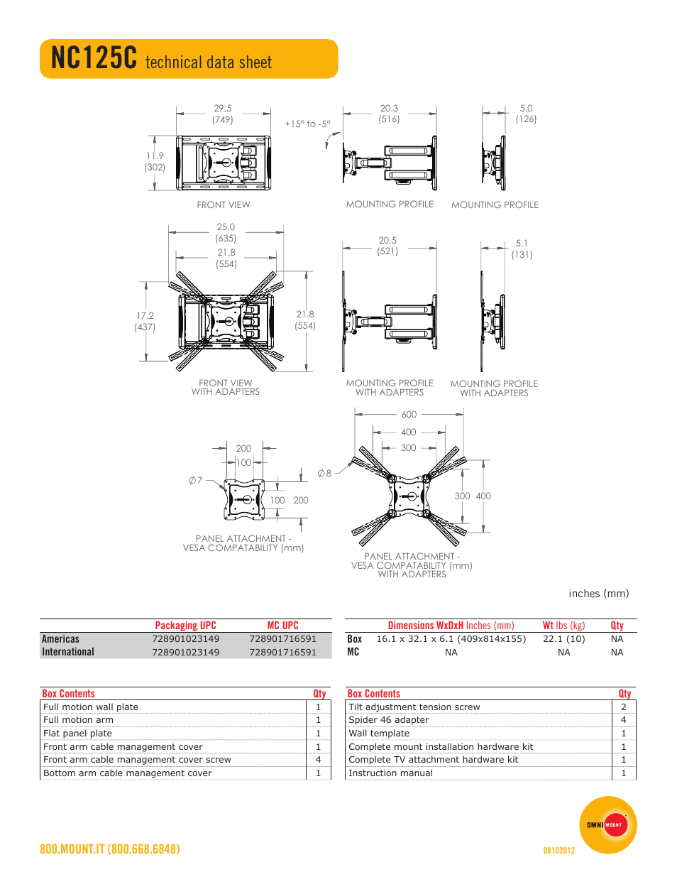 Nc125c, Technical data sheet | Omnimount NC125C Sales Sheet User Manual | Page 2 / 2