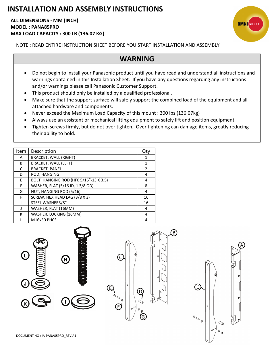 Installation and assembly instructions, Warning | Omnimount PAN85PRO Manual User Manual | Page 2 / 6