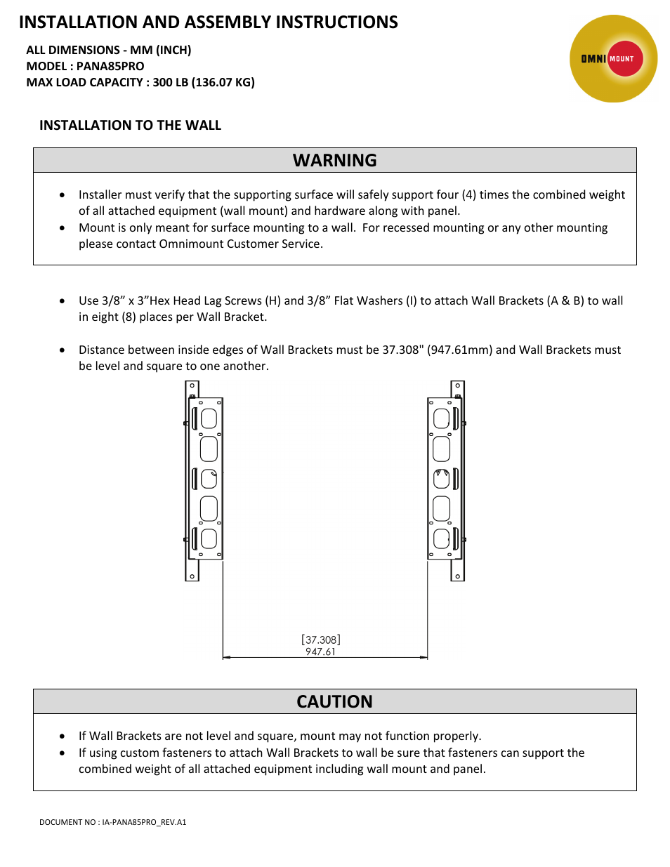 Installation and assembly instructions, Warning, Caution | Omnimount PAN85PRO Manual User Manual | Page 3 / 6