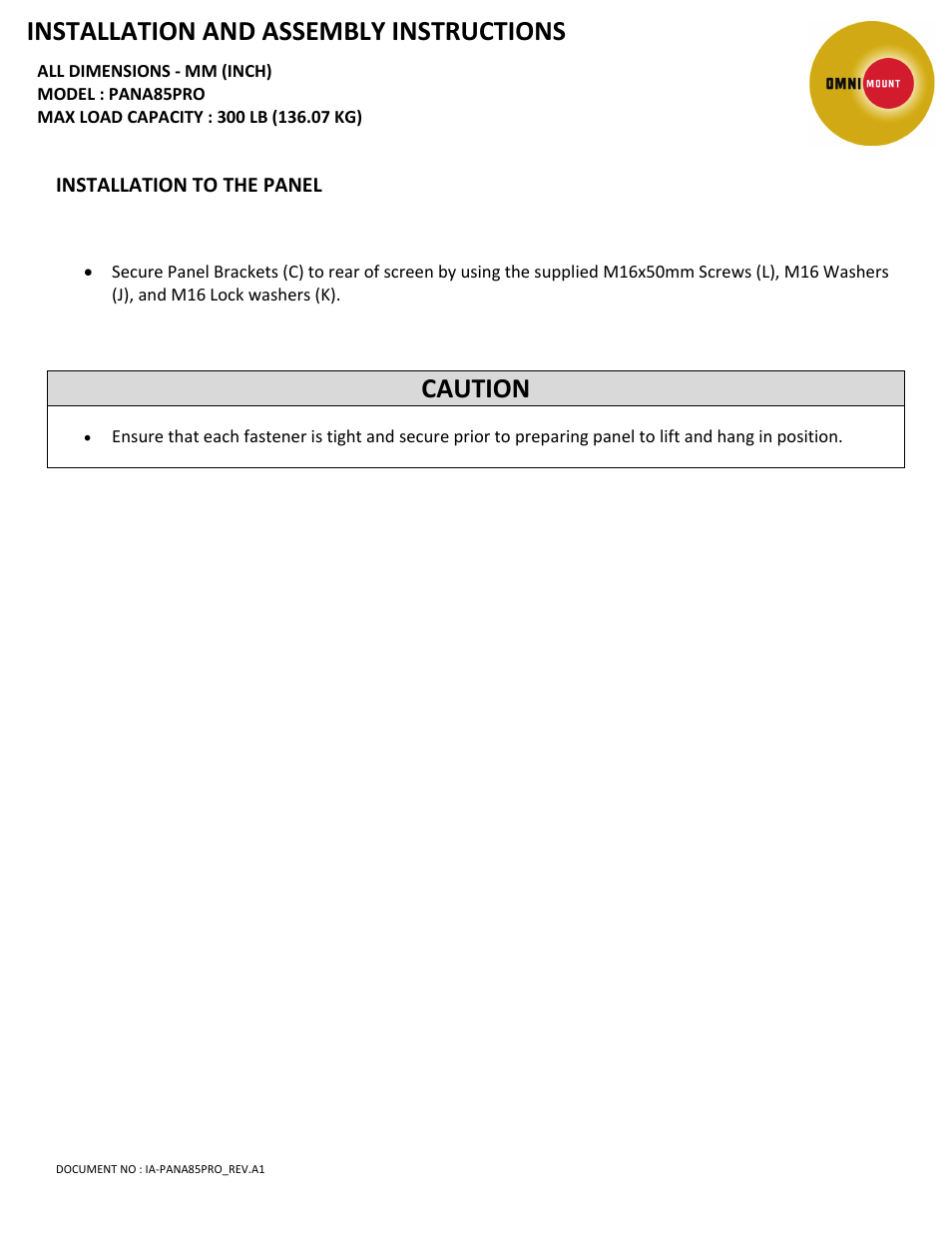 Installation and assembly instructions, Caution | Omnimount PAN85PRO Manual User Manual | Page 4 / 6