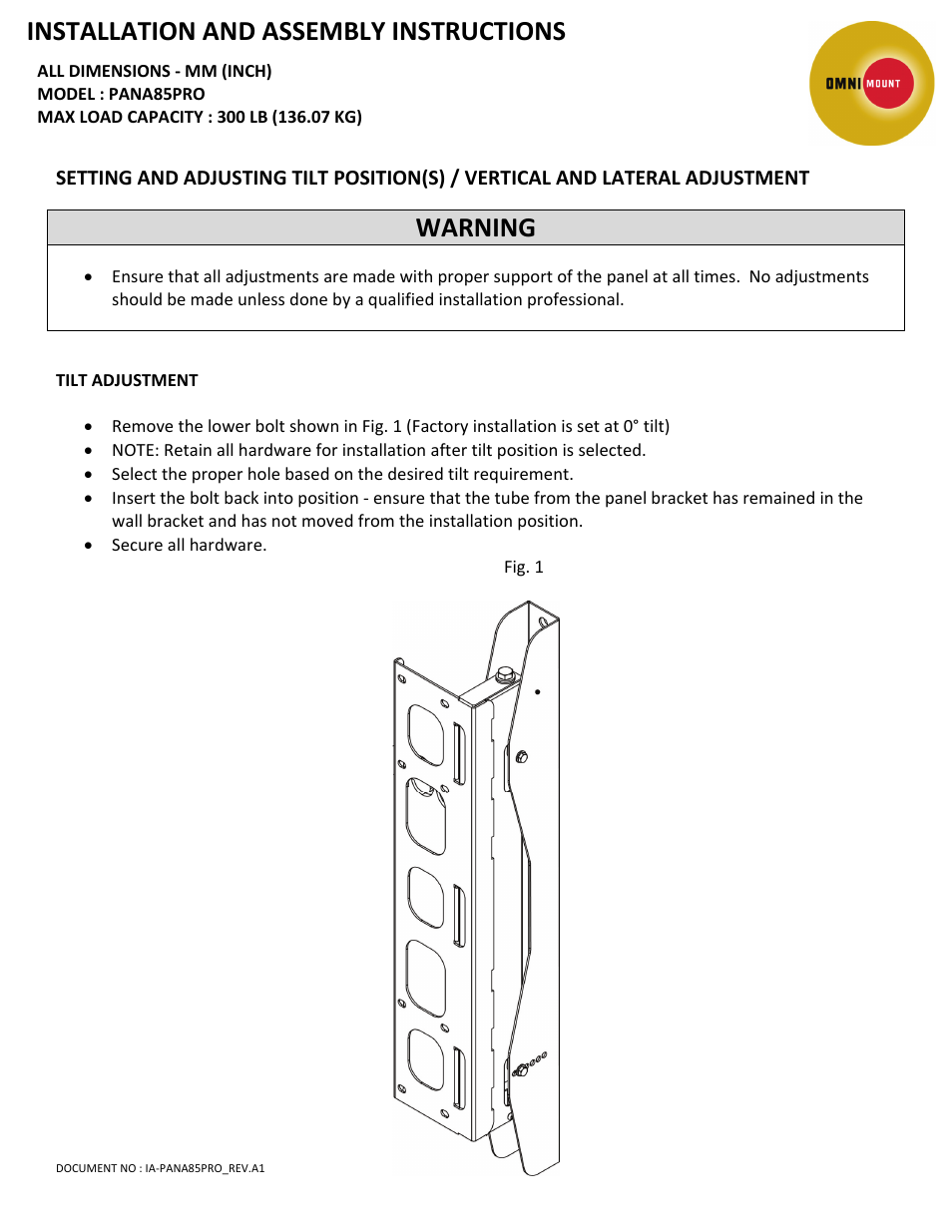 Installation and assembly instructions, Warning | Omnimount PAN85PRO Manual User Manual | Page 5 / 6