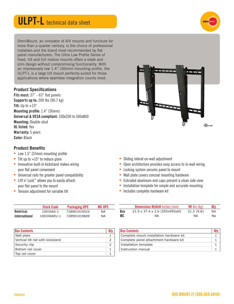 Ulpt-l, Technical data sheet | Omnimount ULPT-L Sales Sheet User Manual | Page 2 / 3