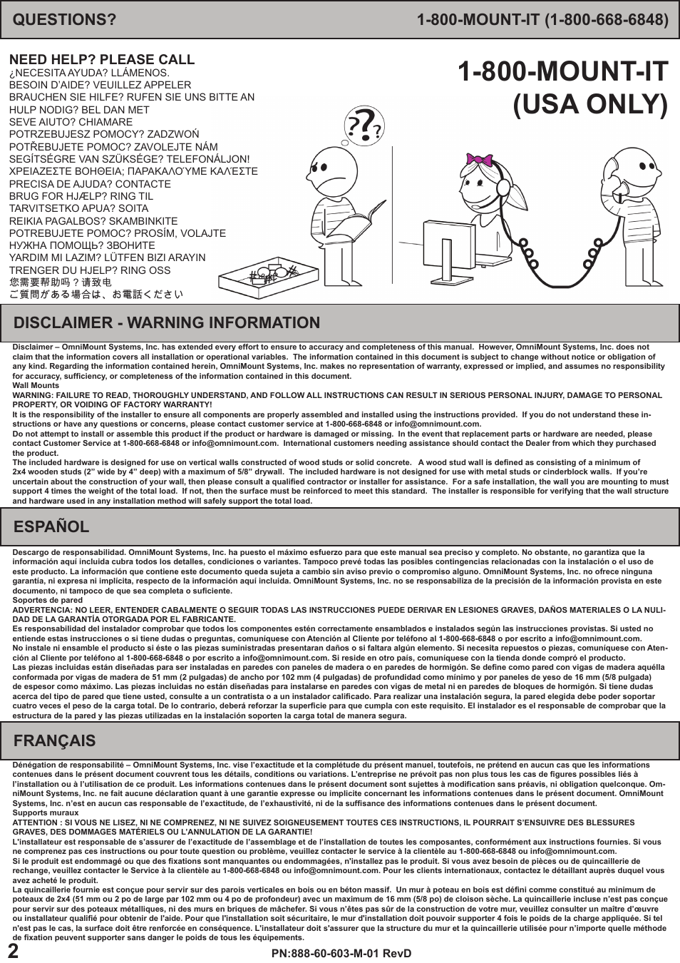 800-mount-it (usa only), Disclaimer - warning information, Español | Français, Need help? please call | Omnimount OMH Manual ru User Manual | Page 2 / 20